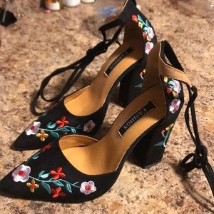 Embroidered flower heels